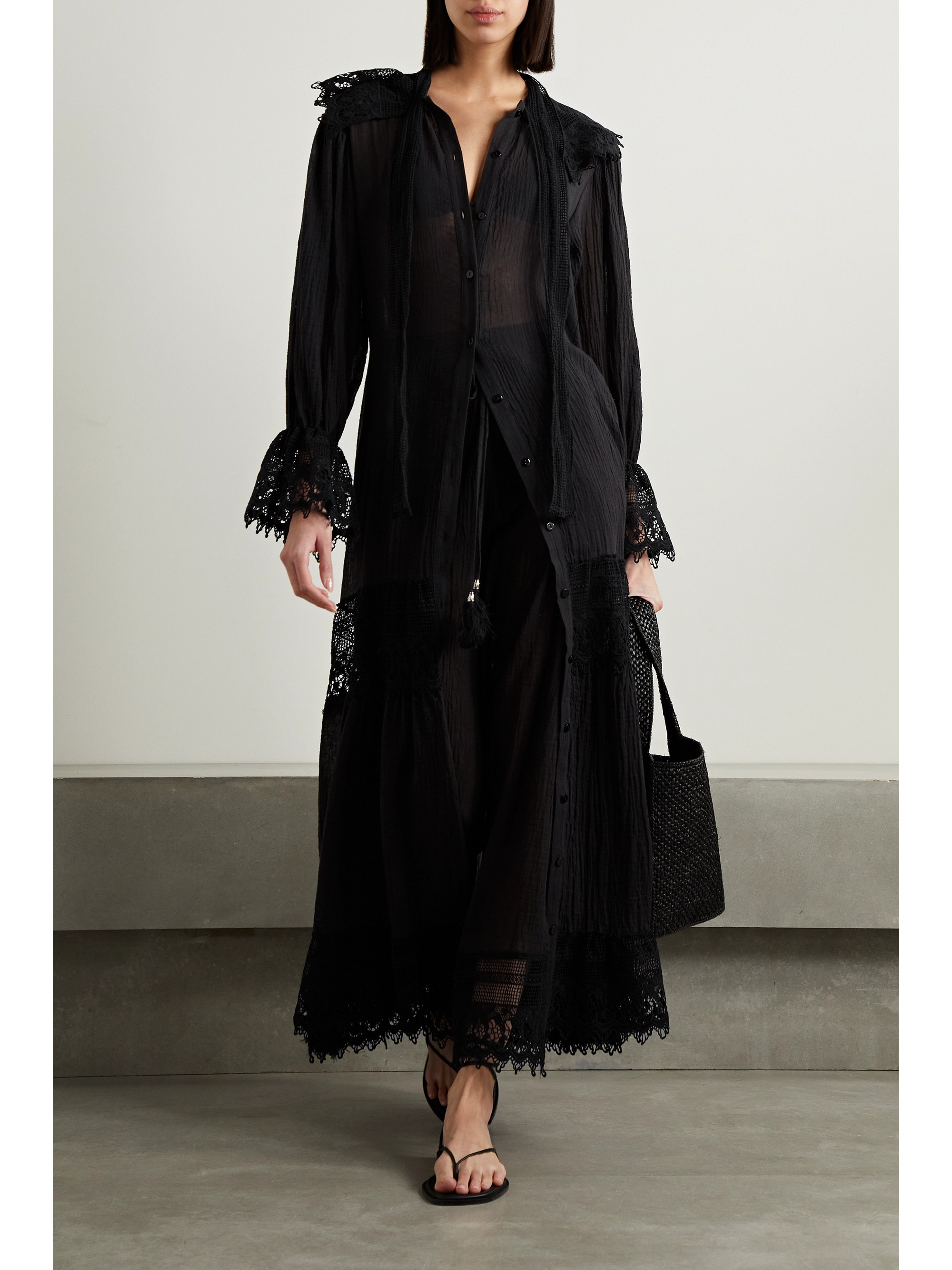 Miguelina Emilline belted lace-trimmed cotton-gauze maxi dress