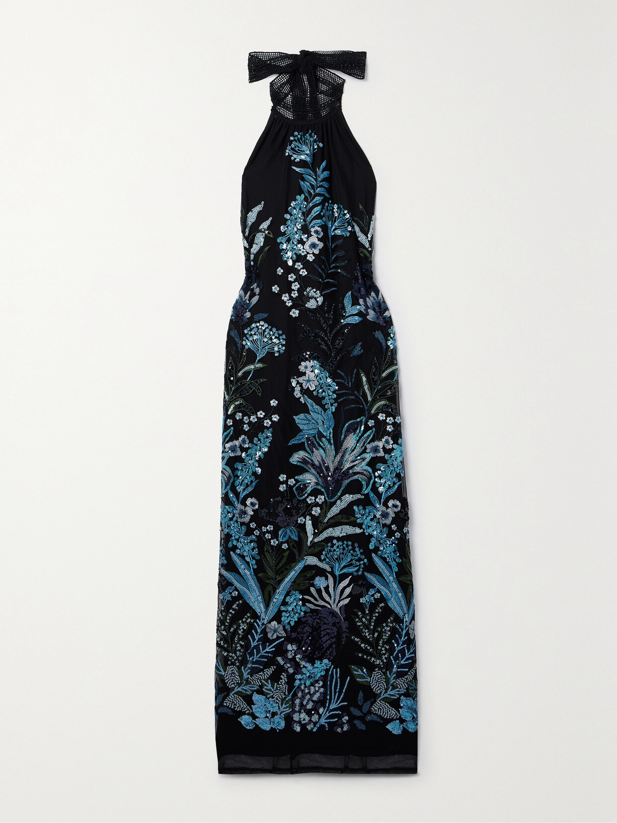 Miguelina Stella Crochet-trimmed Sequined Embroidered Tulle Halterneck Maxi Dress - Blue