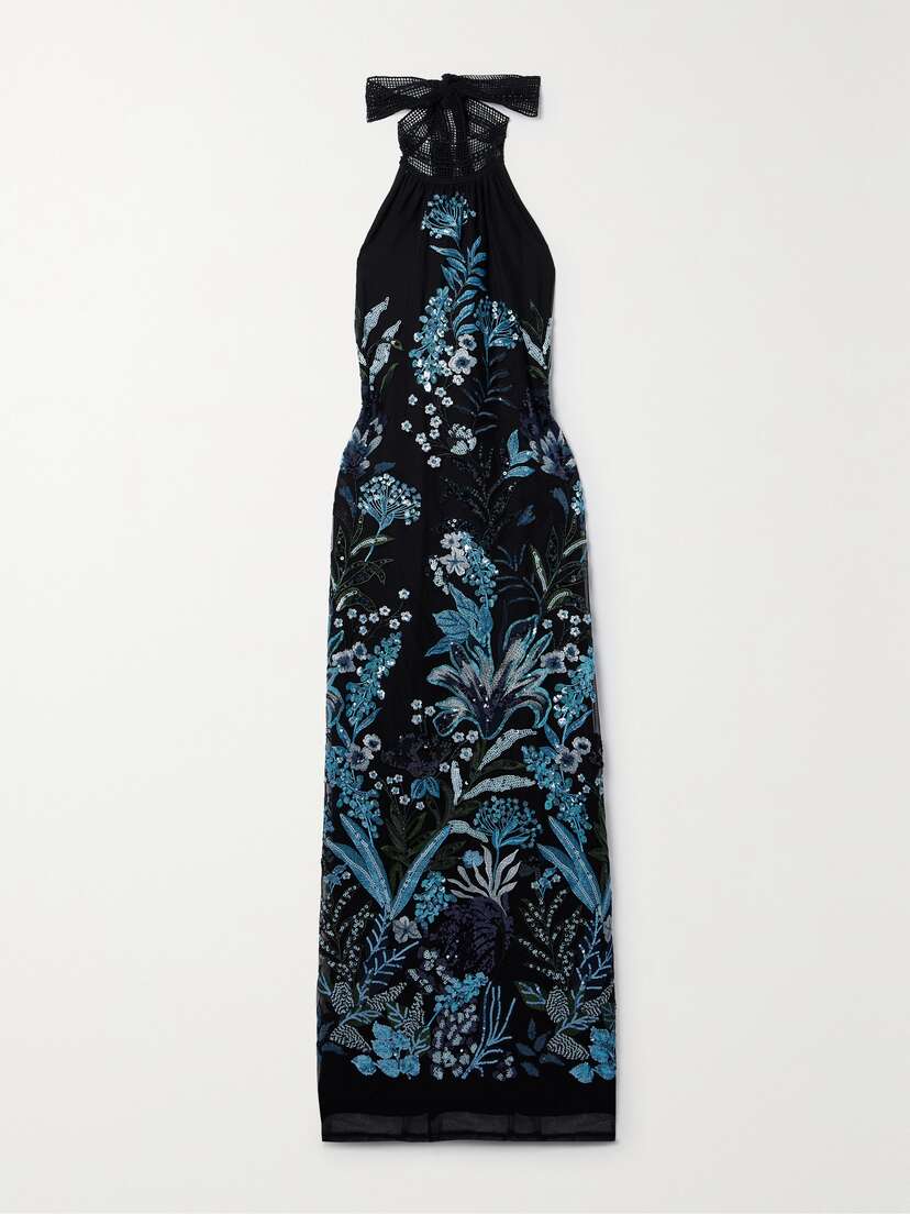 Miguelina Stella Crochet-trimmed Sequined Embroidered Tulle Halterneck Maxi Dress