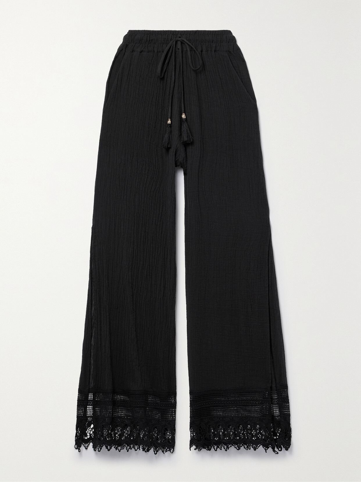 Miguelina Orion Lace-trimmed Cotton-gauze Wide-leg Pants In Black