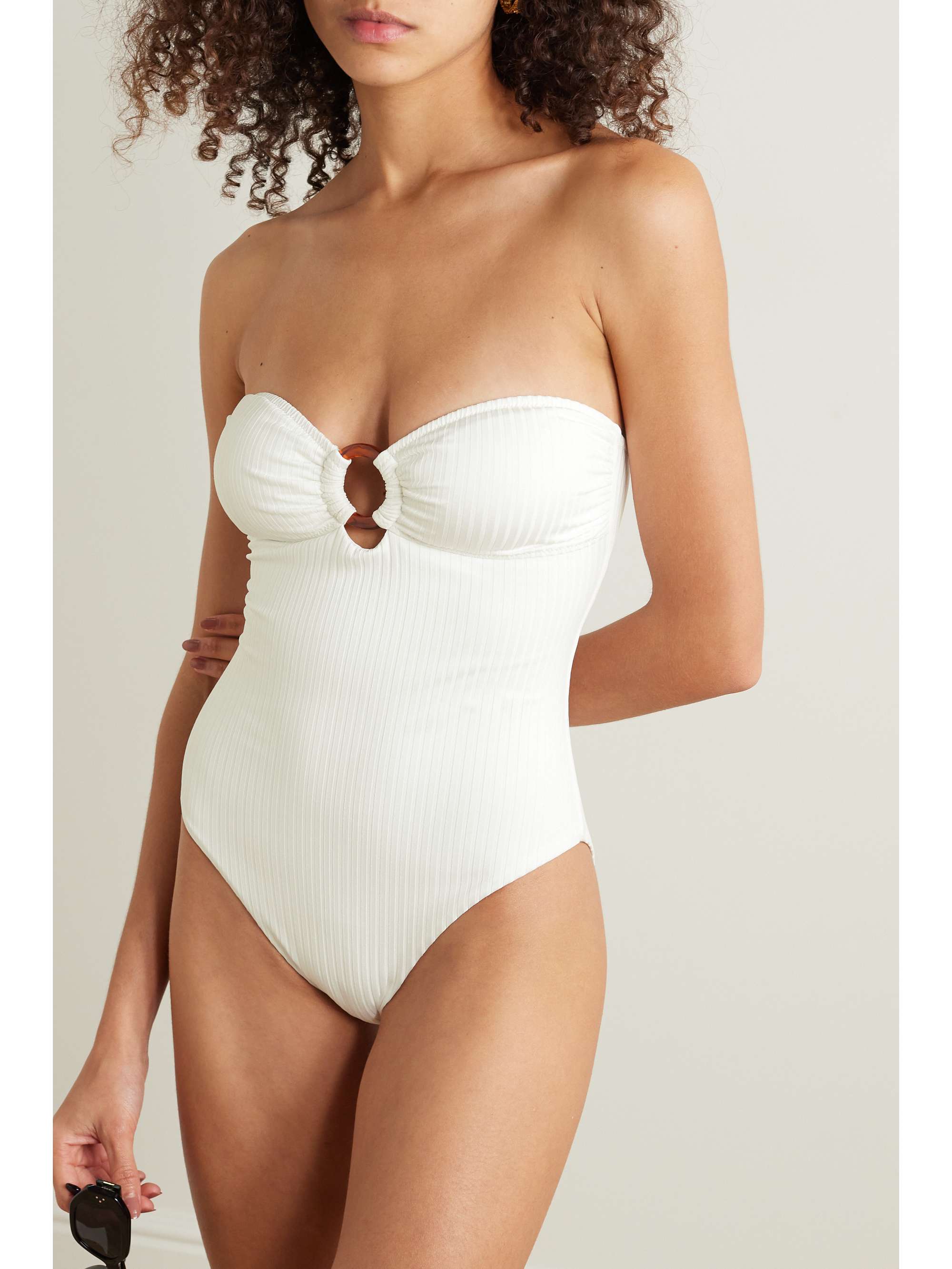 Barbuda strapless embellished ribbed swimsuit