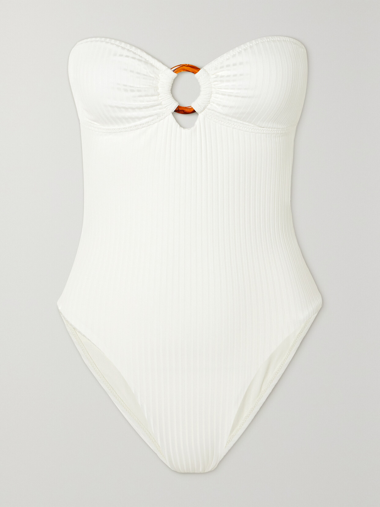 Shop Melissa Odabash Barbuda Strapless Embellished Ribbed Swimsuit In Ivory