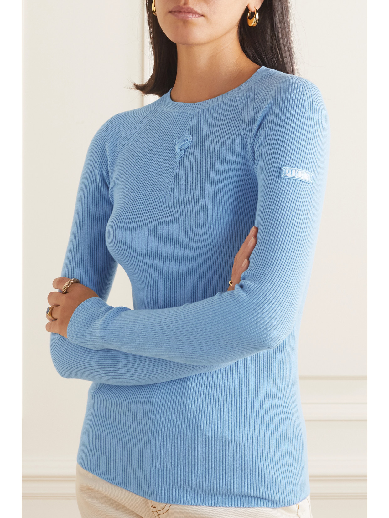 Shop Pucci Appliquéd Ribbed Wool-blend Sweater In Blue