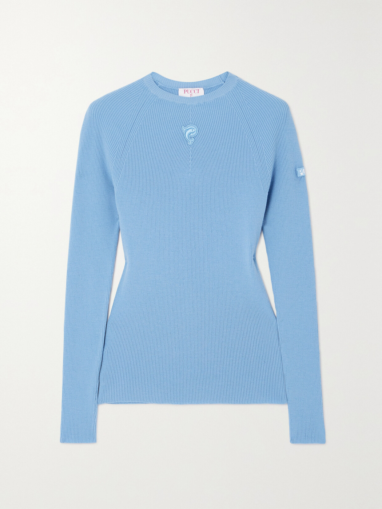 Pucci Appliquéd Ribbed Wool-blend Jumper In Blue