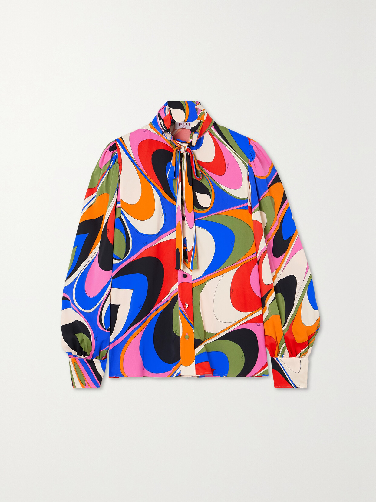 Pucci Pussy-bow Printed Stretch-crepe Blouse In Blue