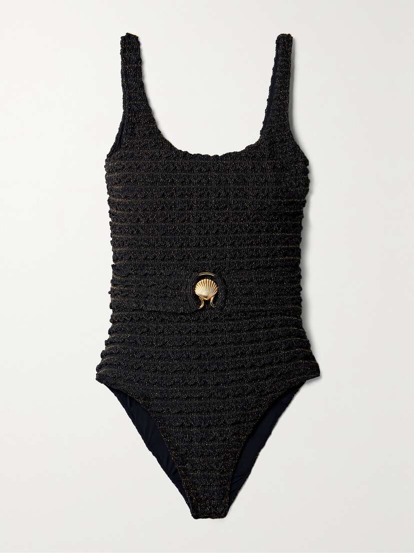 PatBO Belted Metallic Ribbed-knit Swimsuit