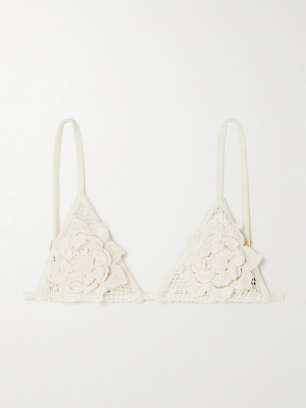 PatBO Appliquéd Embellished Crocheted Cotton Triangle Bikini Top - Ivory