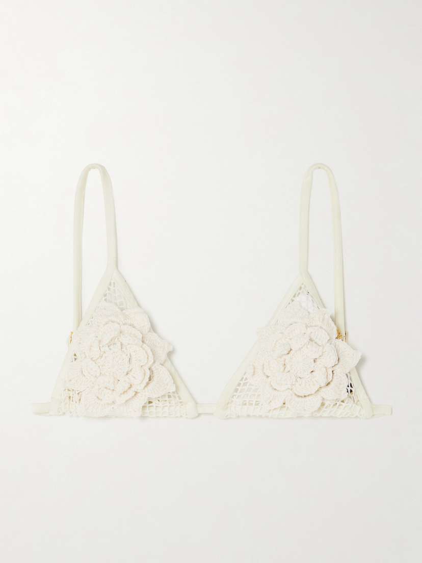 PatBO Appliquéd Embellished Crocheted Cotton Triangle Bikini Top
