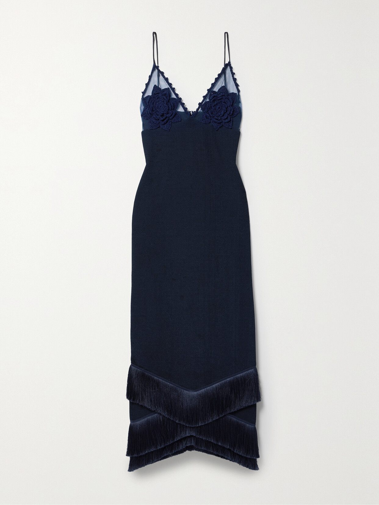 Patbo Crochet And Tulle-trimmed Fringed Stretch-ponte Maxi Dress In Blue