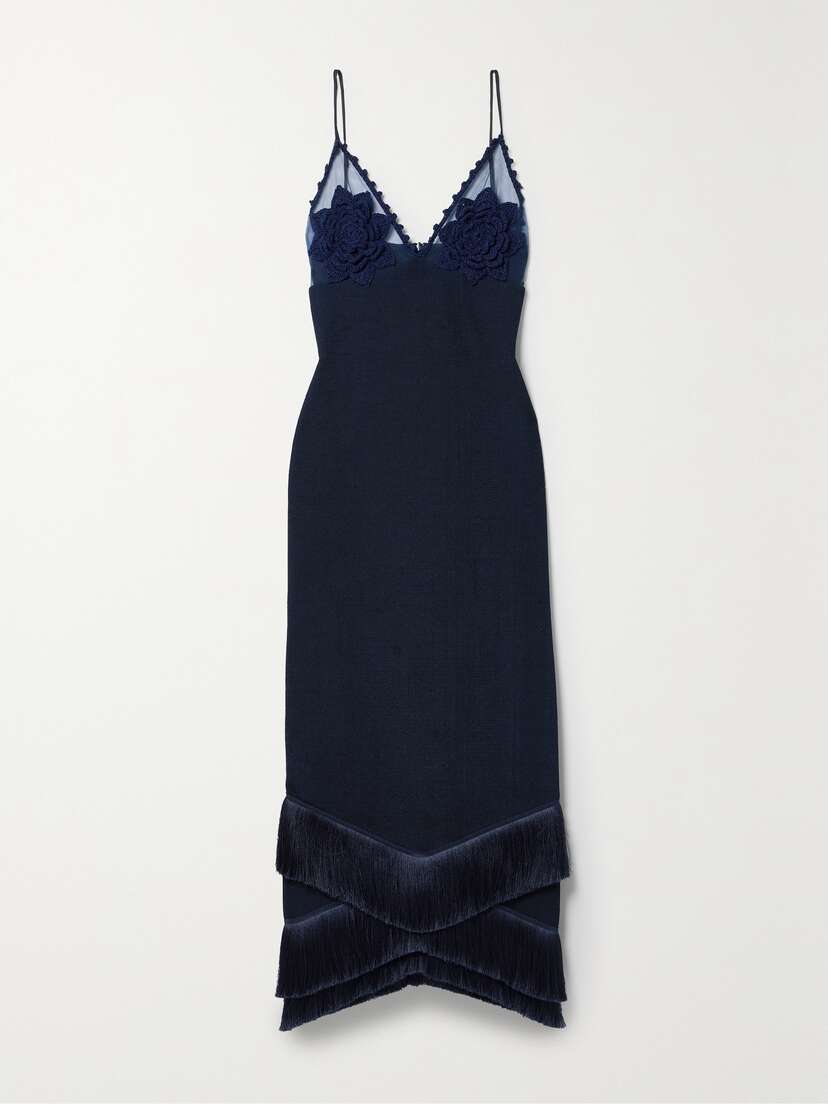 PatBO Crochet And Tulle-trimmed Fringed Stretch-ponte Maxi Dress