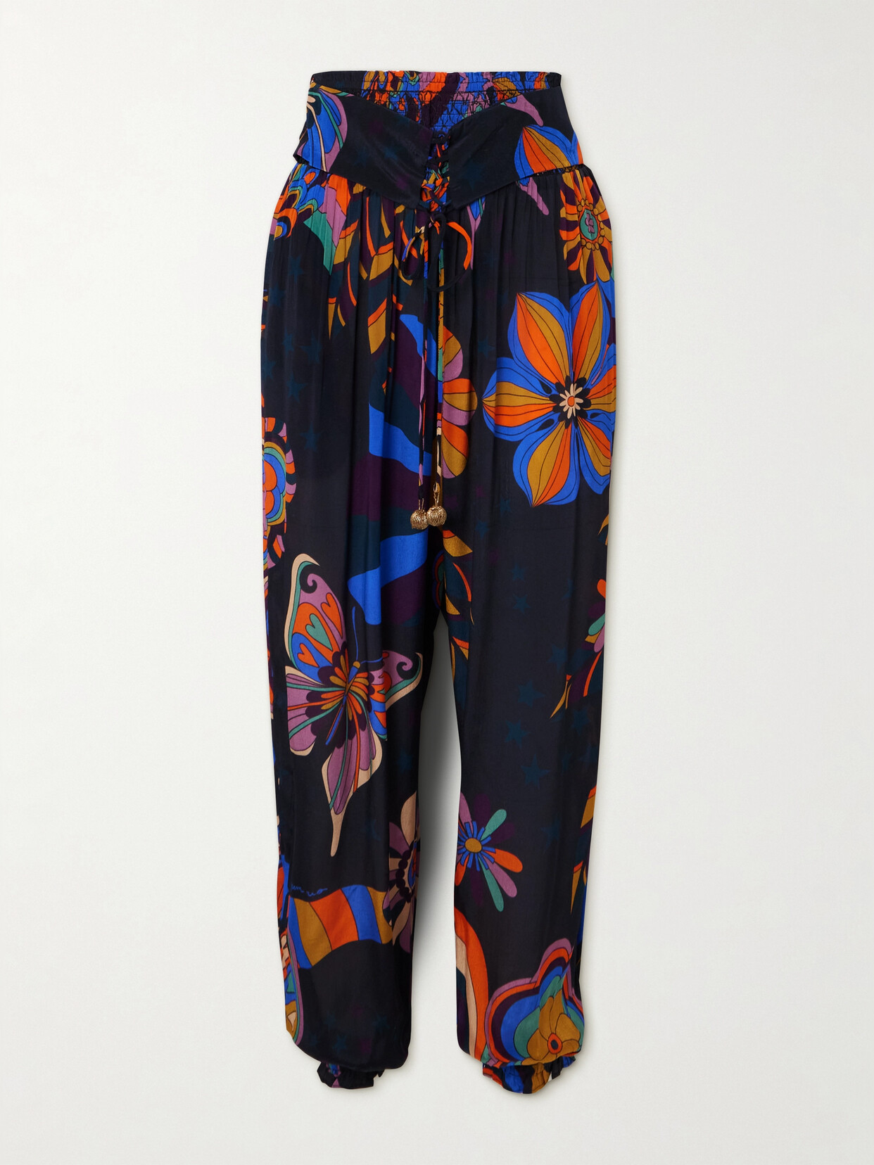 Farm Rio Floral-print Satin Tapered Pants In Black