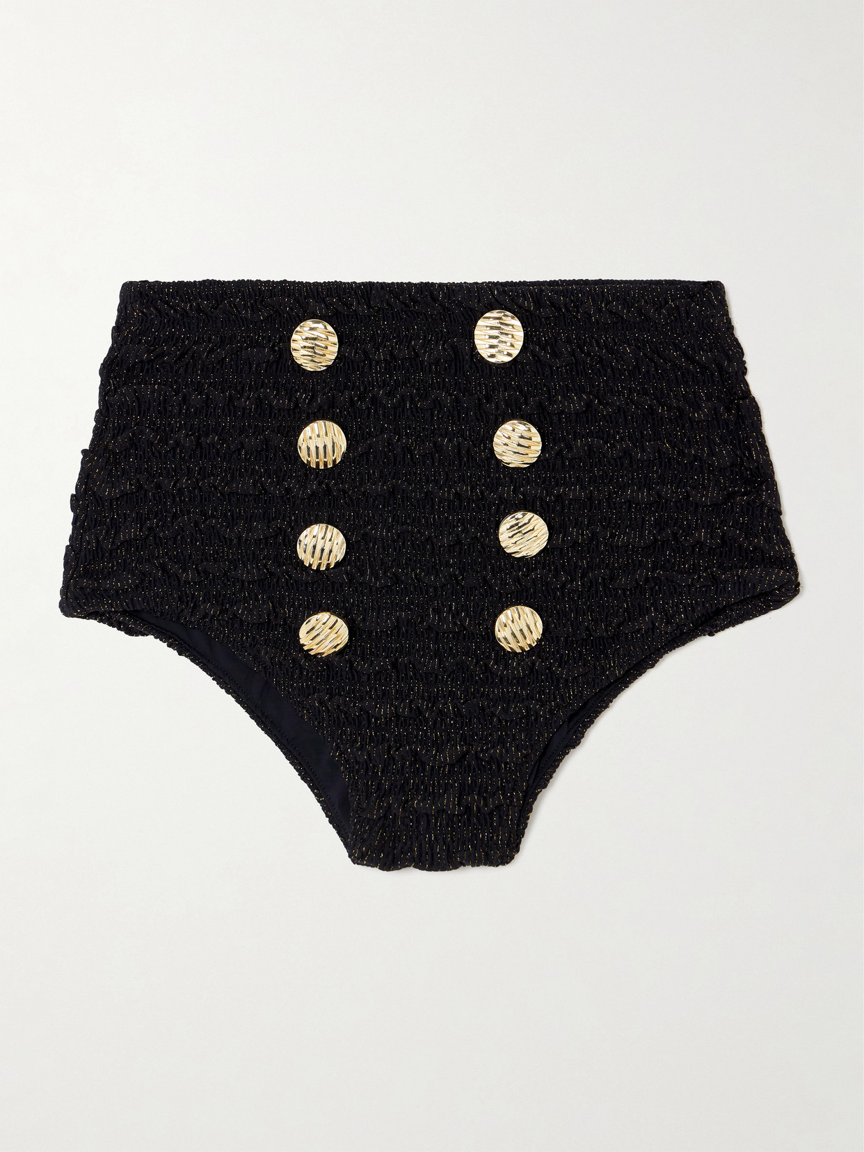 PatBO Button-embellished Metallic Crinkled Stretch Bikini Briefs - Black