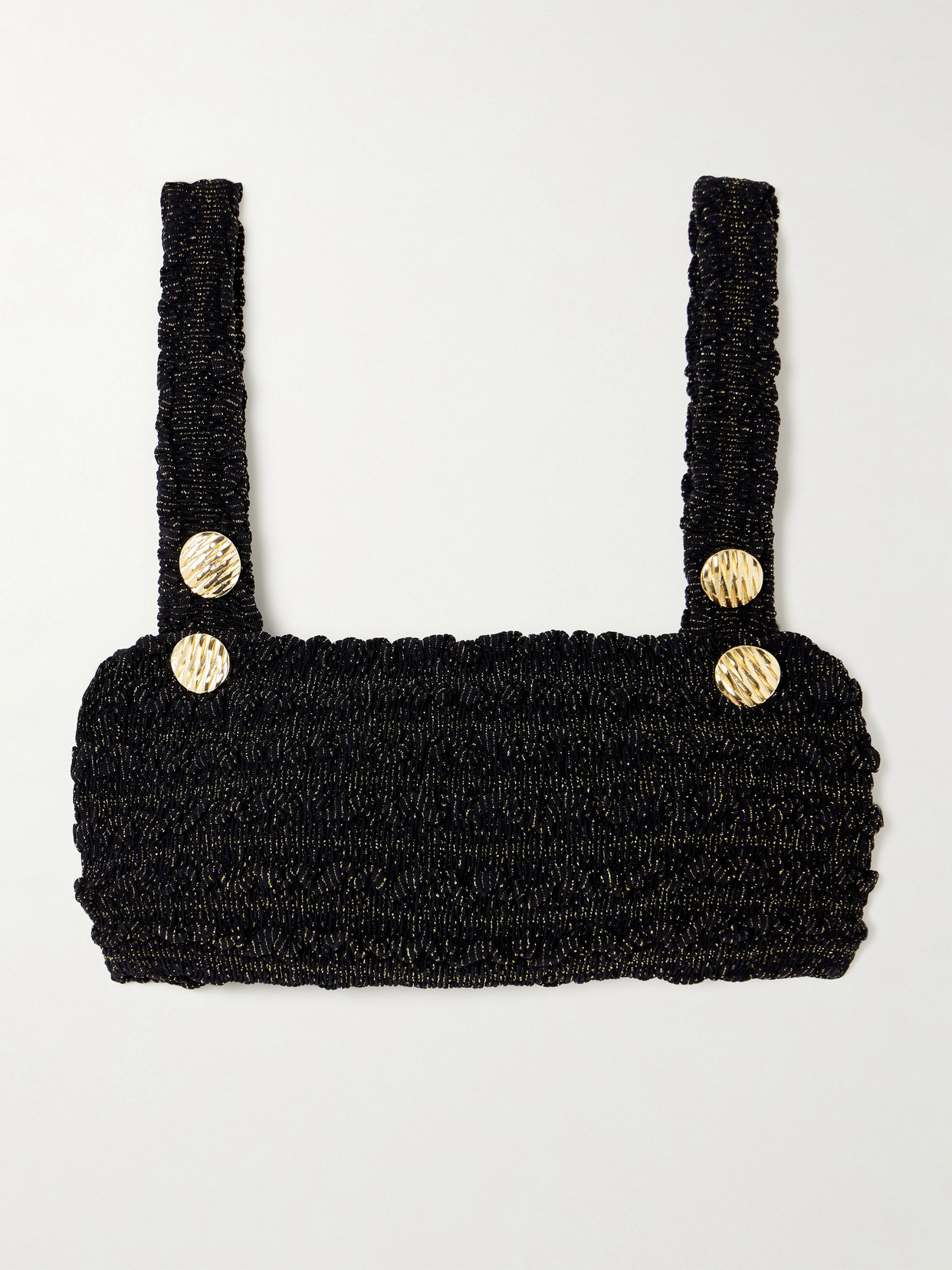PatBO Button-embellished Metallic Crinkled Stretch Bikini Top - Black