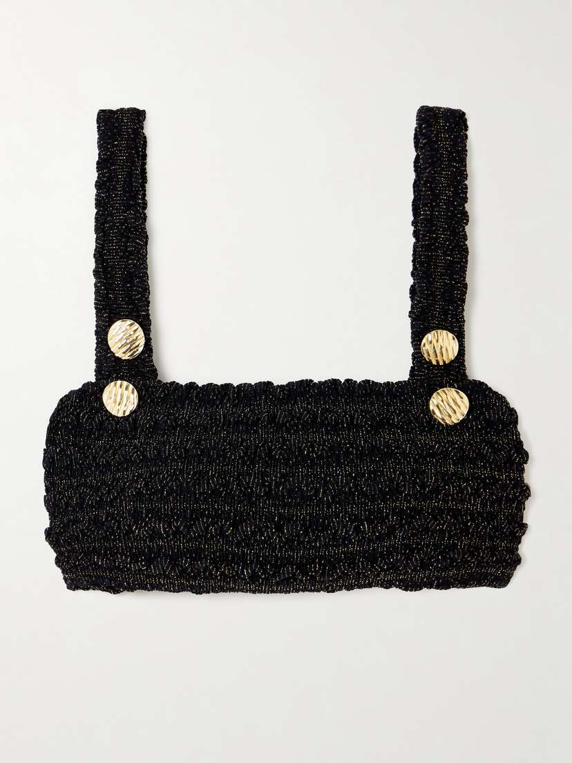 PatBo Button-embellished Metallic Crinkled Stretch Bikini Top