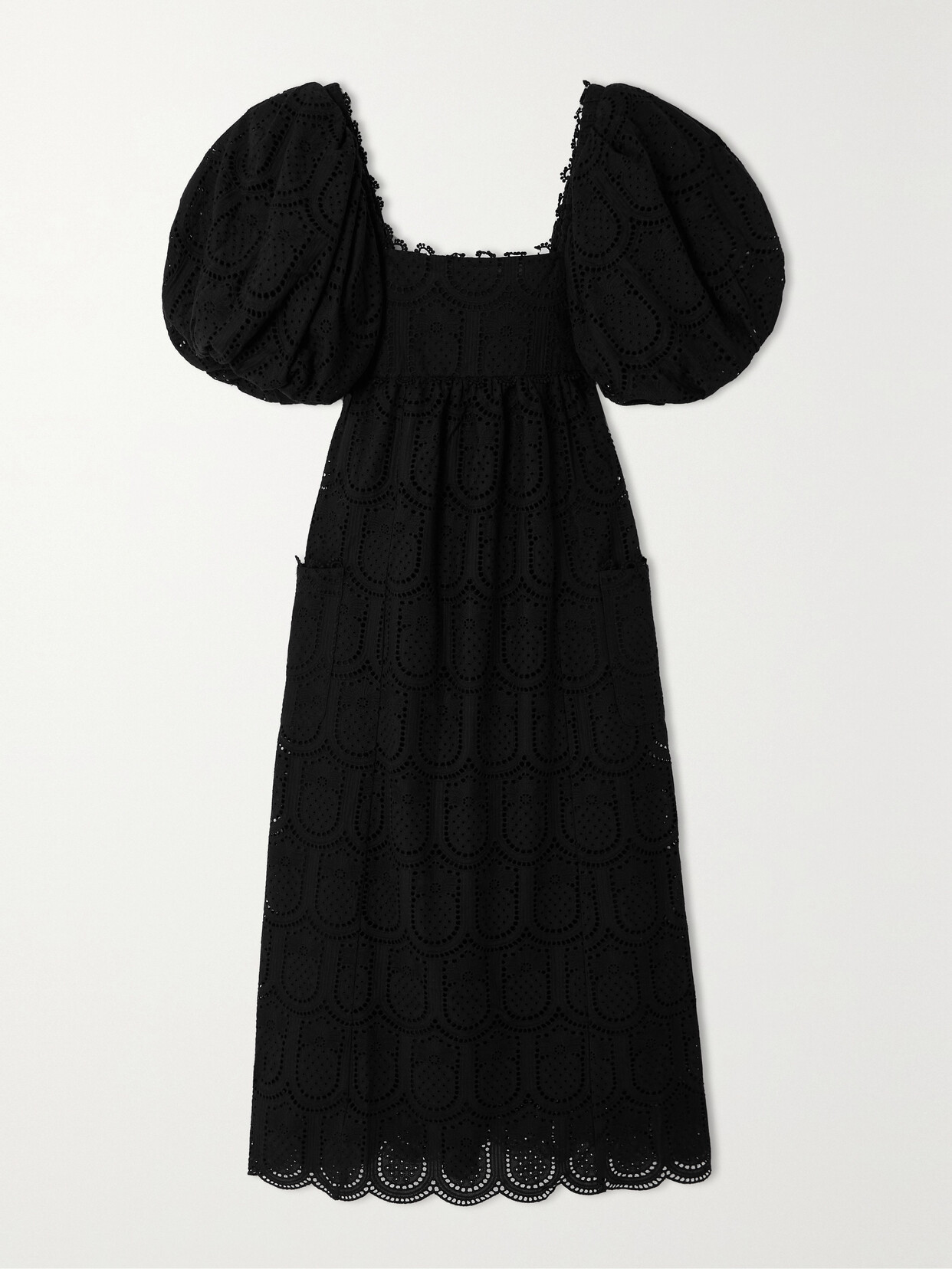 Farm Rio - Pineapple Lace-trimmed Smocked Broderie Anglaise Cotton Maxi Dress - Black