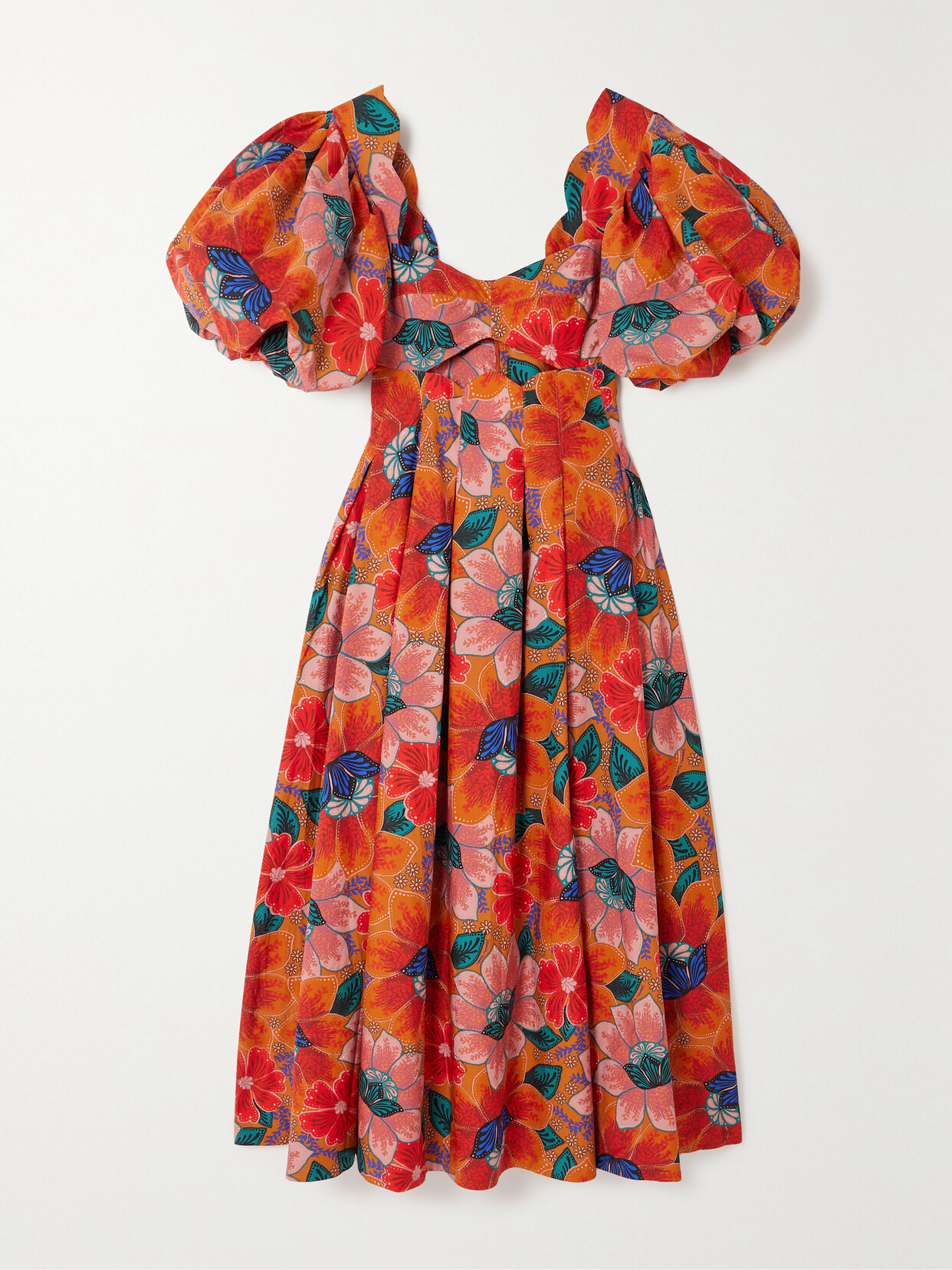 FARM RIO MARIAS CUTOUT PLEATED FLORAL-PRINT COTTON MIDI DRESS