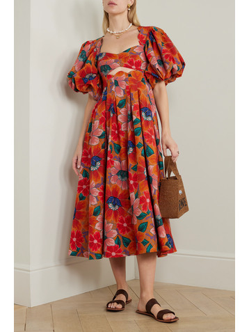 FARM Rio Marias cutout pleated floral-print cotton midi dress