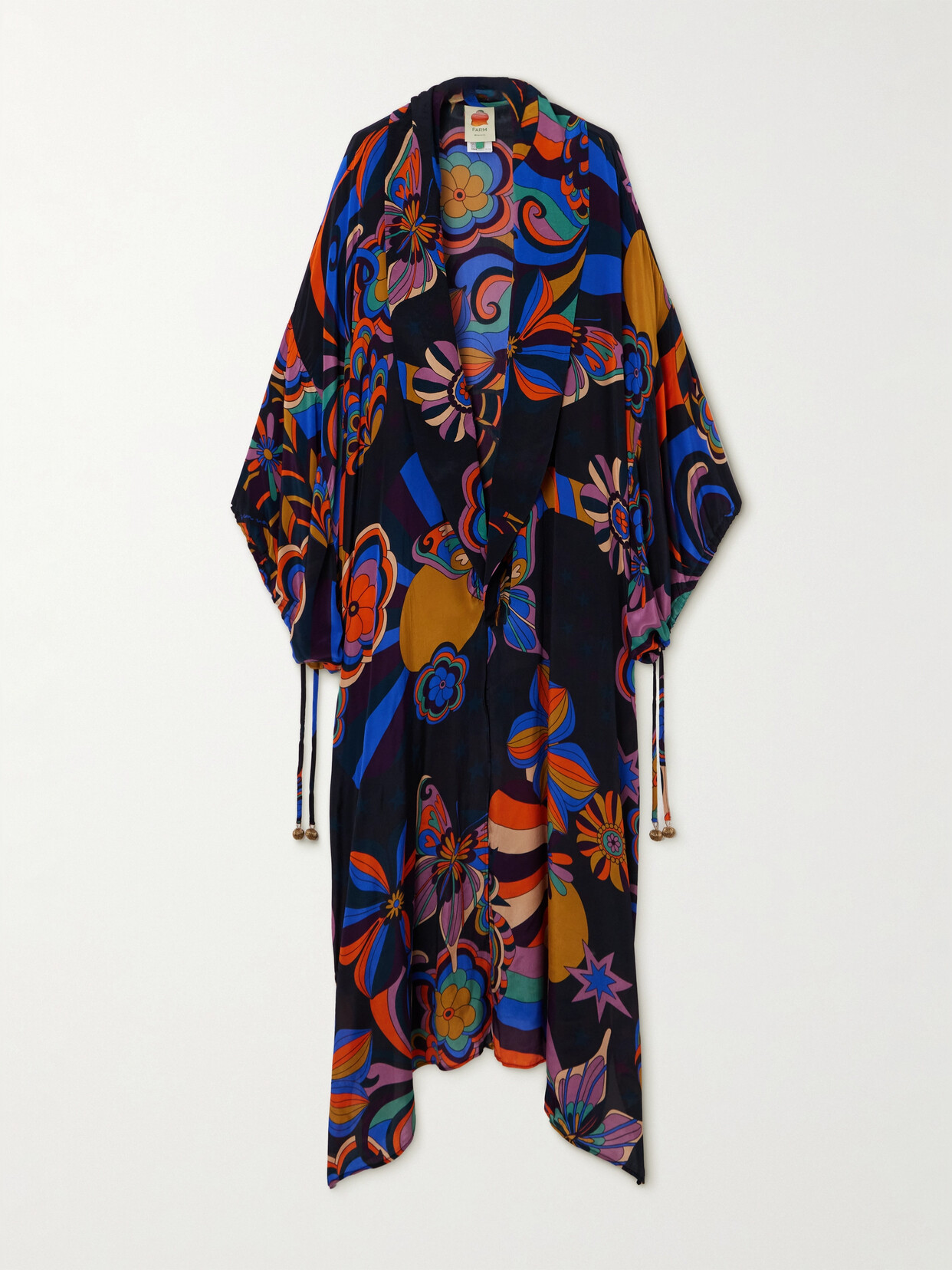 Farm Rio 70s Vibe Embellished Floral-print Georgette Coverup In Black