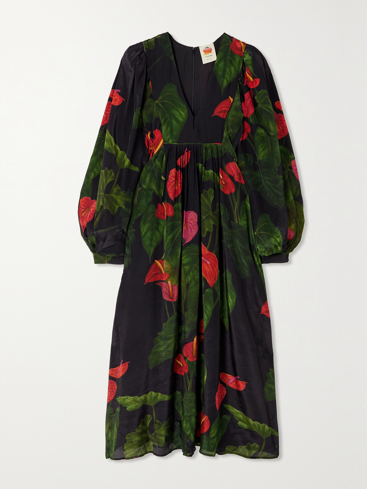 Farm Rio Anthurium Pleated Floral-print Crepe Maxi Dress - Black