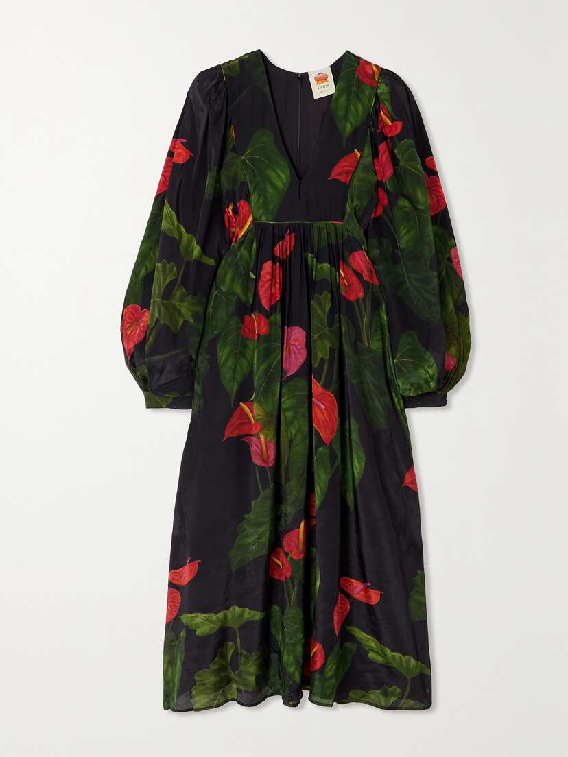 Farm Rio Anthurium Pleated Floral-print Crepe Maxi Dress - x large