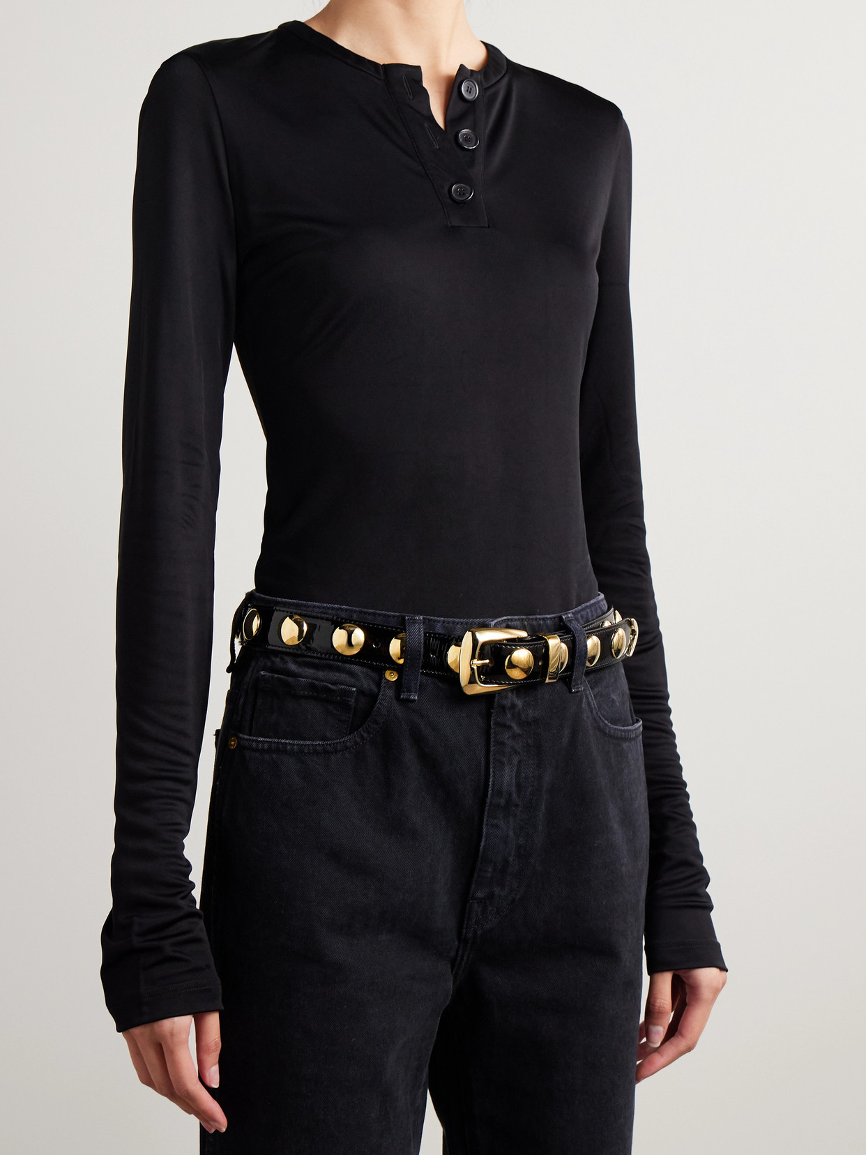 Khaite Benny Skinny Patent Leather Studded Belt In Black