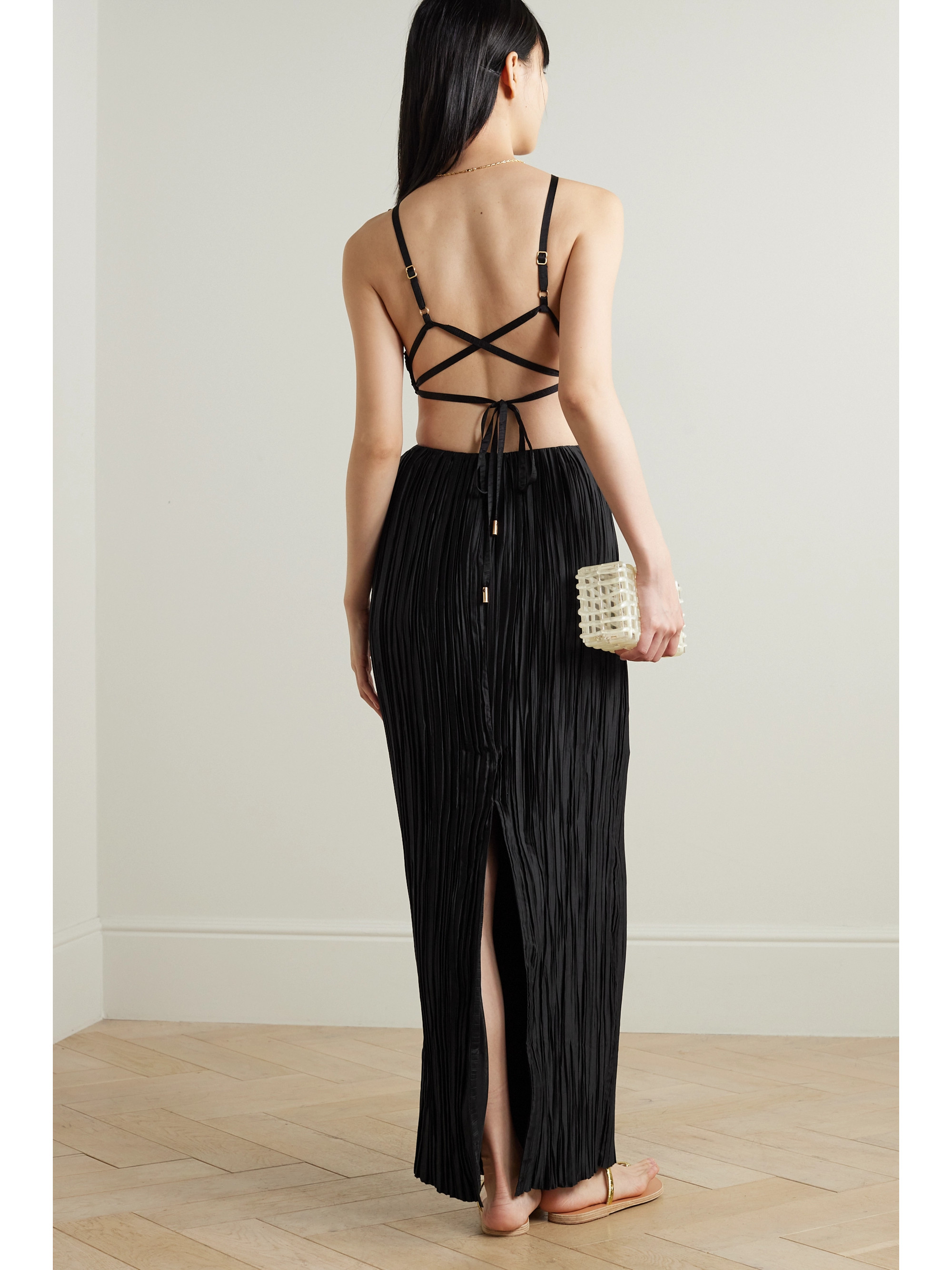 Cult Gaia Mitra embellished cutout plissé-satin halterneck gown thumbnail
