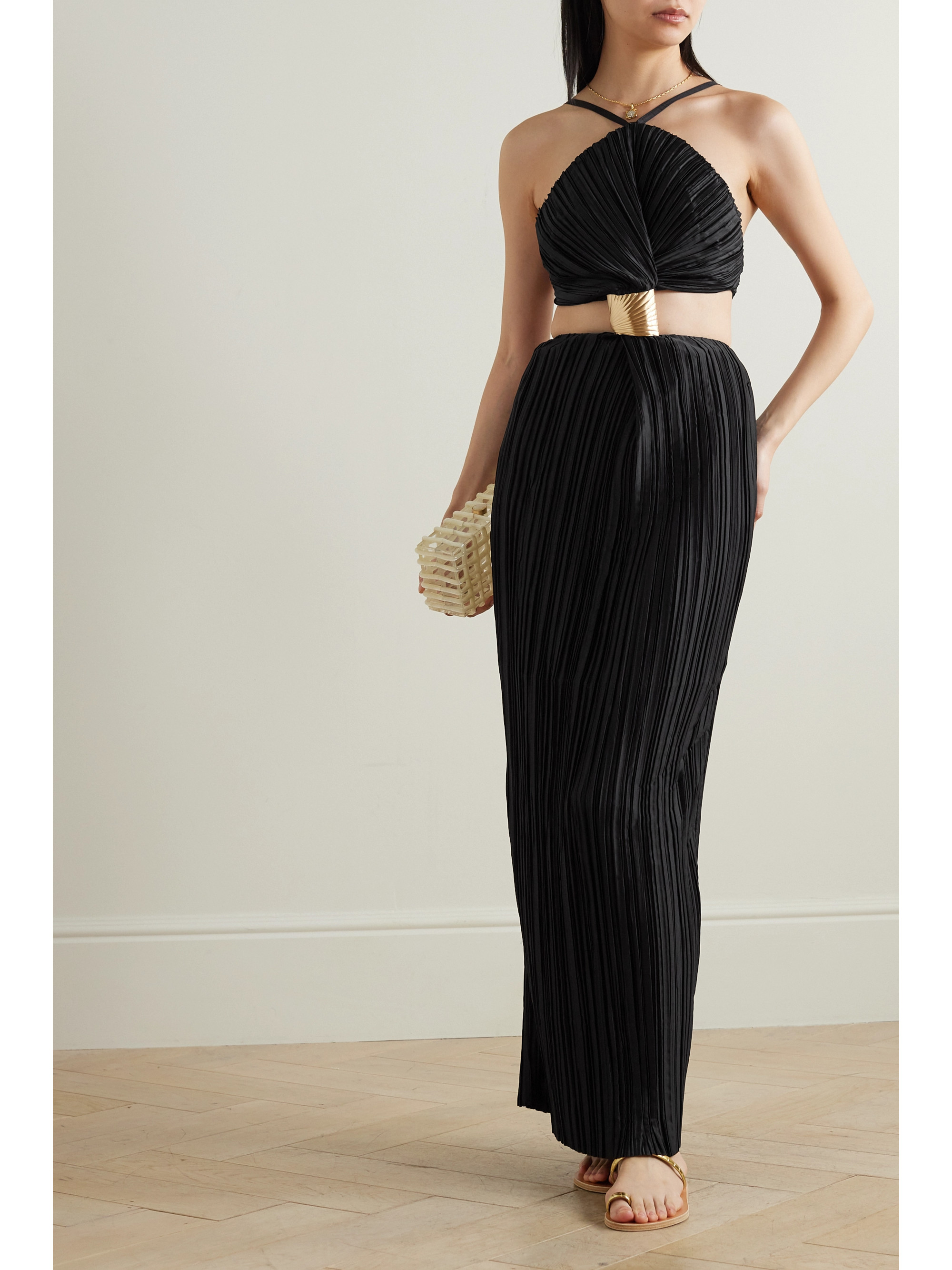 Cult Gaia Mitra embellished cutout plissé-satin halterneck gown