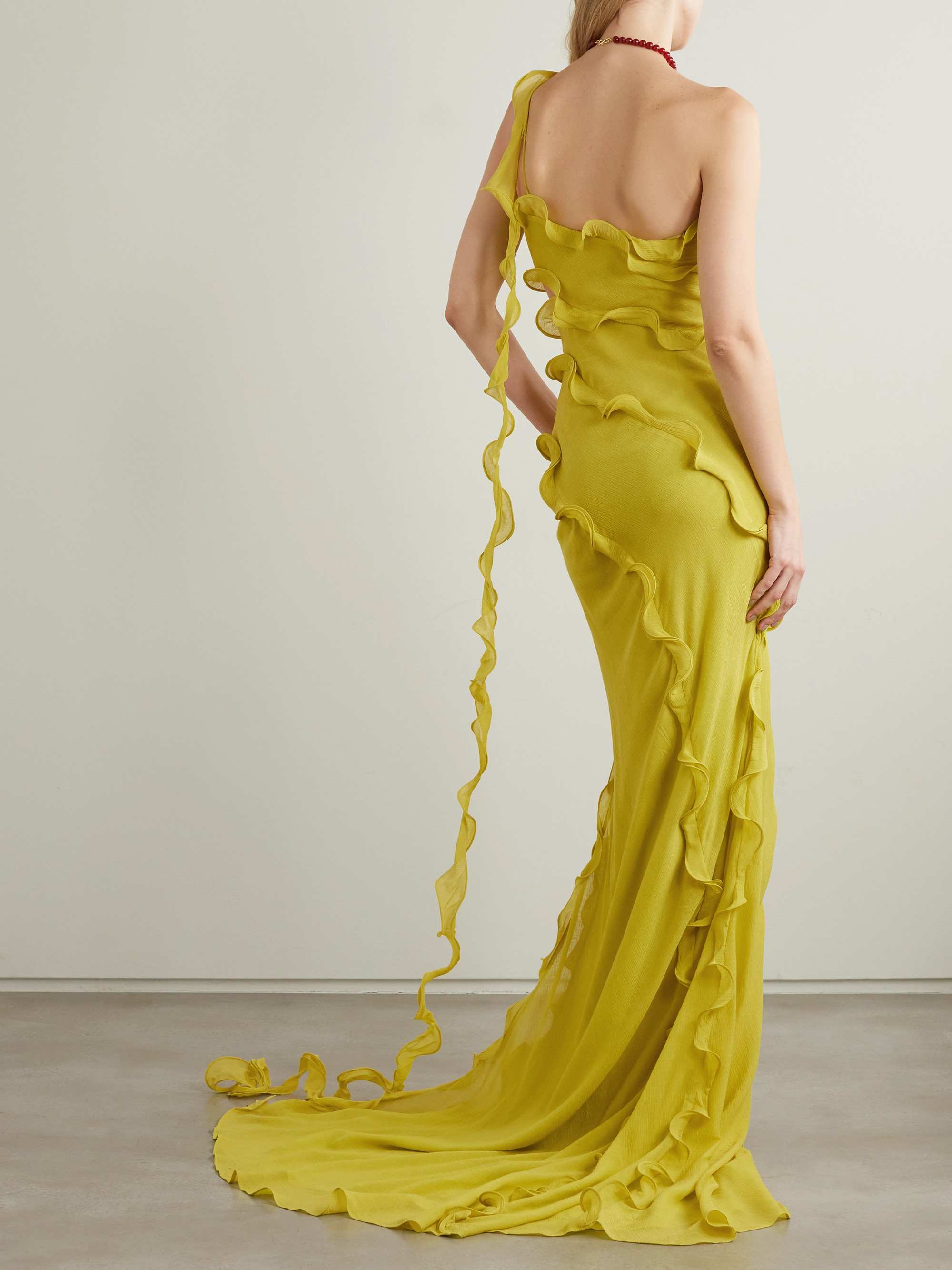 Cult Gaia Micola one-shoulder asymmetric cutout crinkled-voile gown