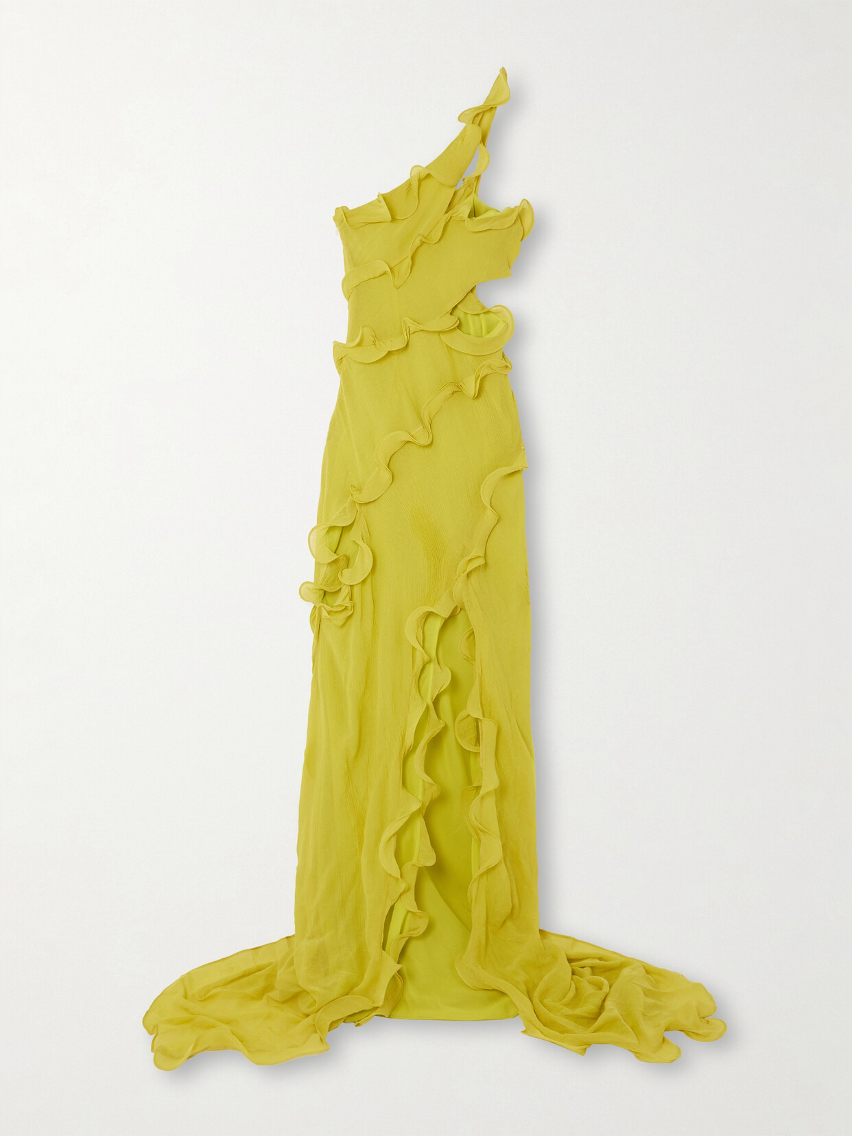 Shop Cult Gaia Micola One-shoulder Asymmetric Cutout Crinkled-voile Gown In Yellow