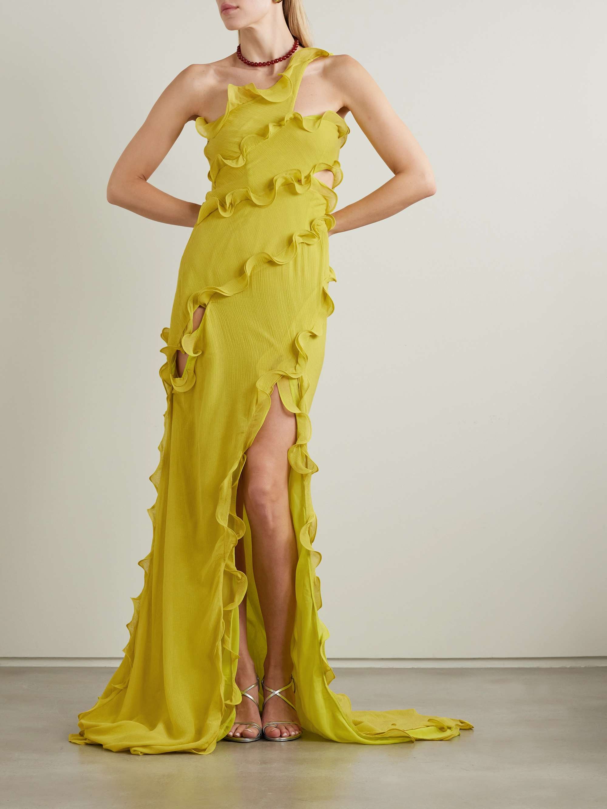 CULT GAIA MICOLA ONE-SHOULDER ASYMMETRIC CUTOUT CRINKLED-VOILE GOWN