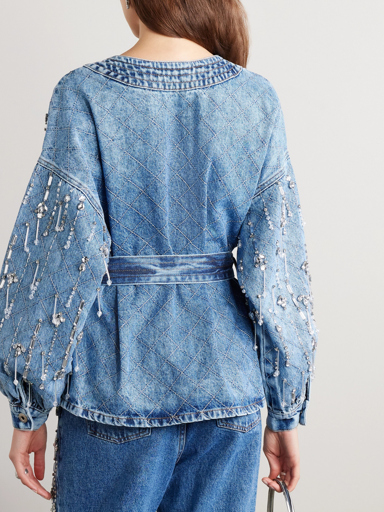 Patbo Hand-beaded Faux Pearl And Rhinestone Denim Jacket In Blue