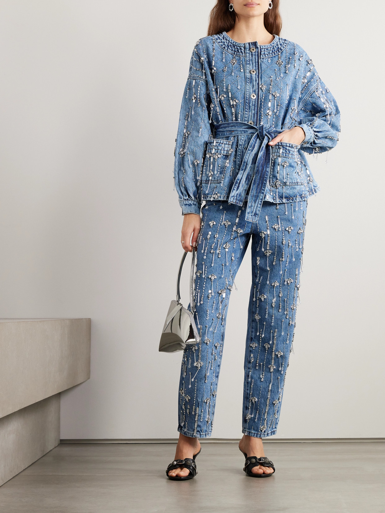 Patbo Hand-beaded Faux Pearl And Rhinestone Denim Jacket In Blue