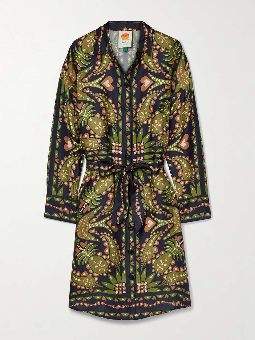 Farm Rio Martina Belted Printed Satin Midi Shirt Dress - x large