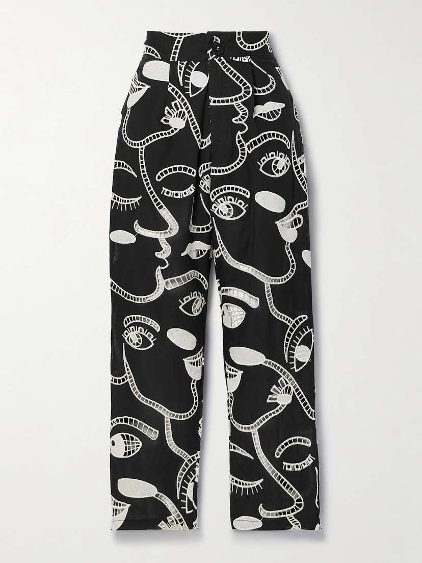 Farm Rio Broderie Anglaise-trimmed Cotton Straight-leg Pants - x large