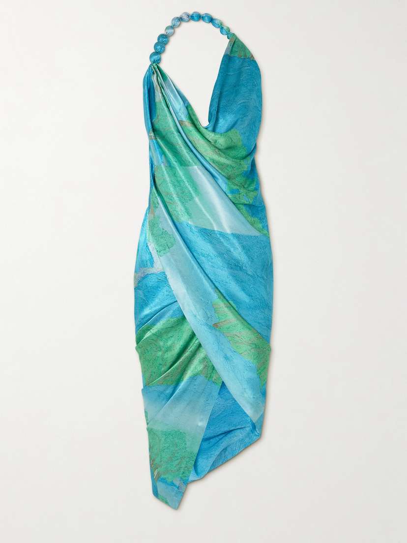 Cult Gaia Iluka Draped Printed Silk Halterneck Midi Dress