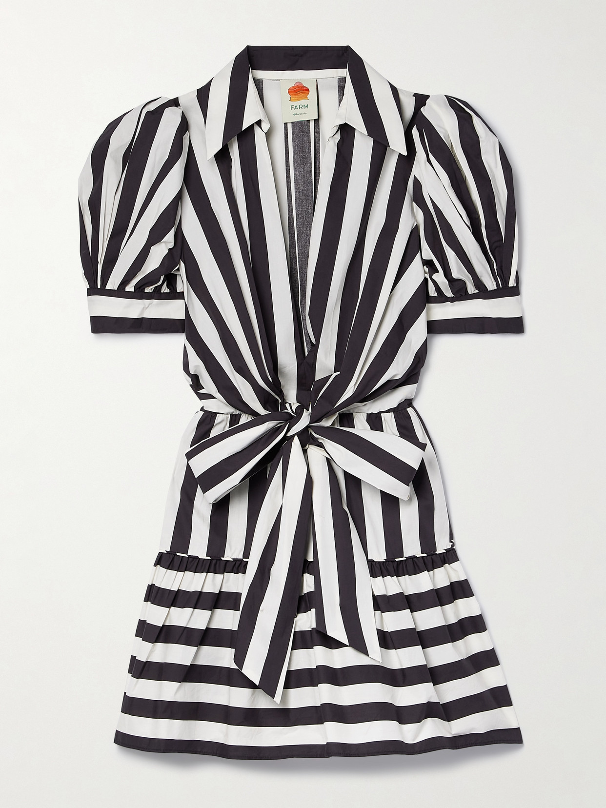 Farm Rio - Belted Striped Cotton Mini Dress - Black