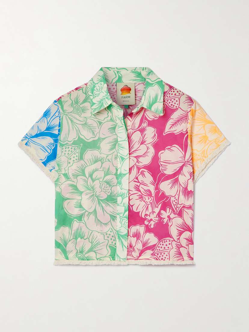 Farm Rio Cropped Frayed Floral-print Cotton-voile Shirt