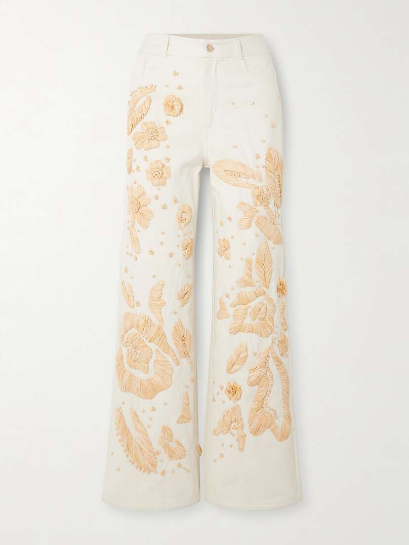 Cult Gaia Jarli Raffia-appliquéd High-rise Wide-leg Jeans