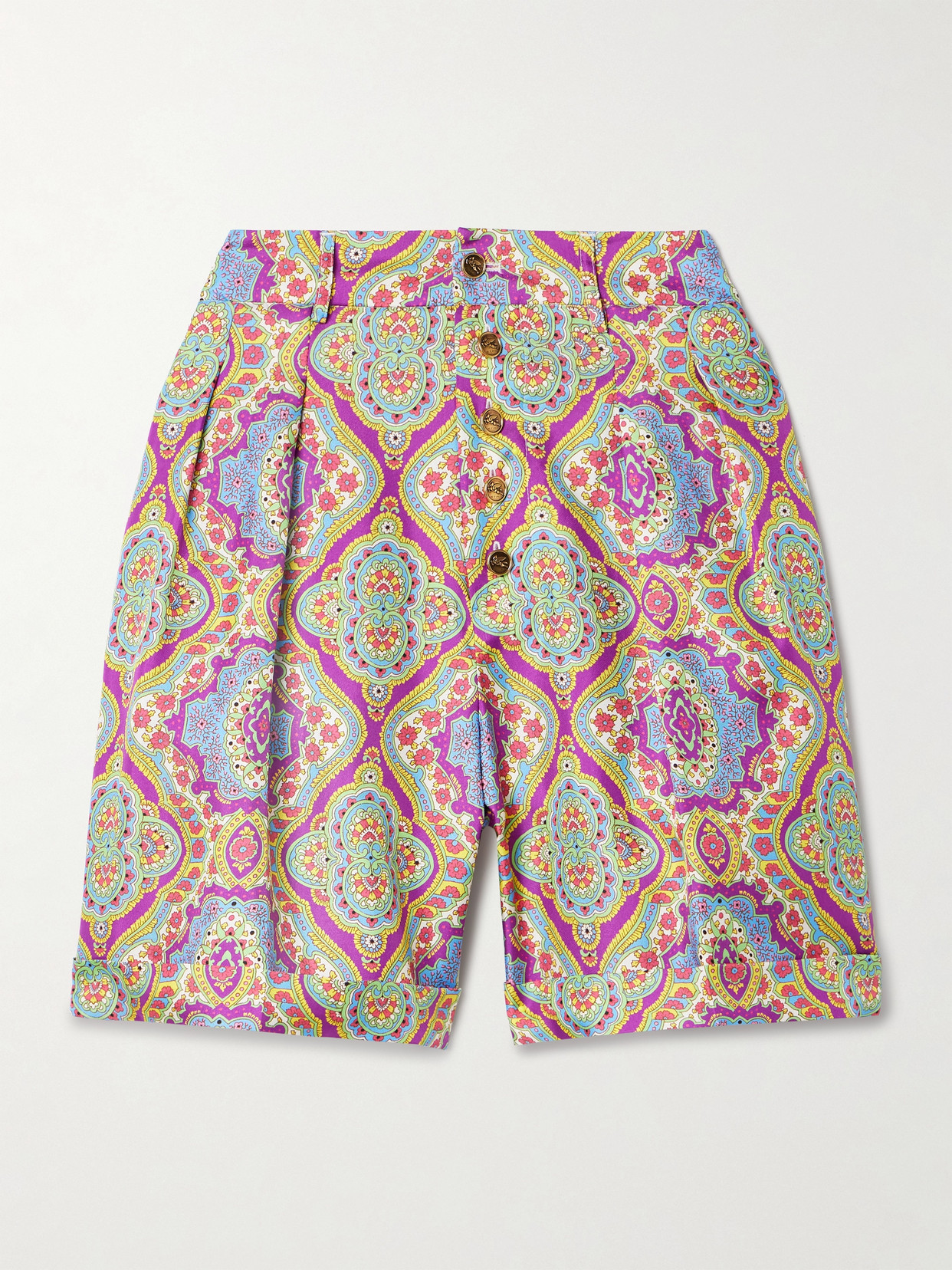 Shop Etro Pleated Printed Silk-twill Shorts In Multi