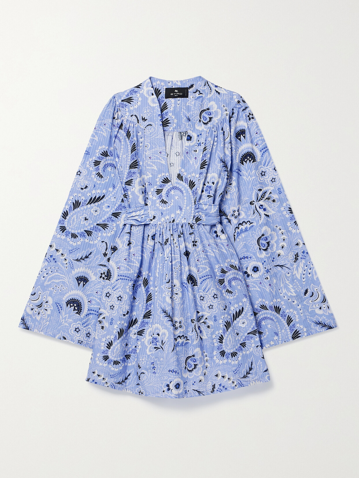 Etro Belted Printed Cotton And Silk-blend Voile Mini Dress In Blue