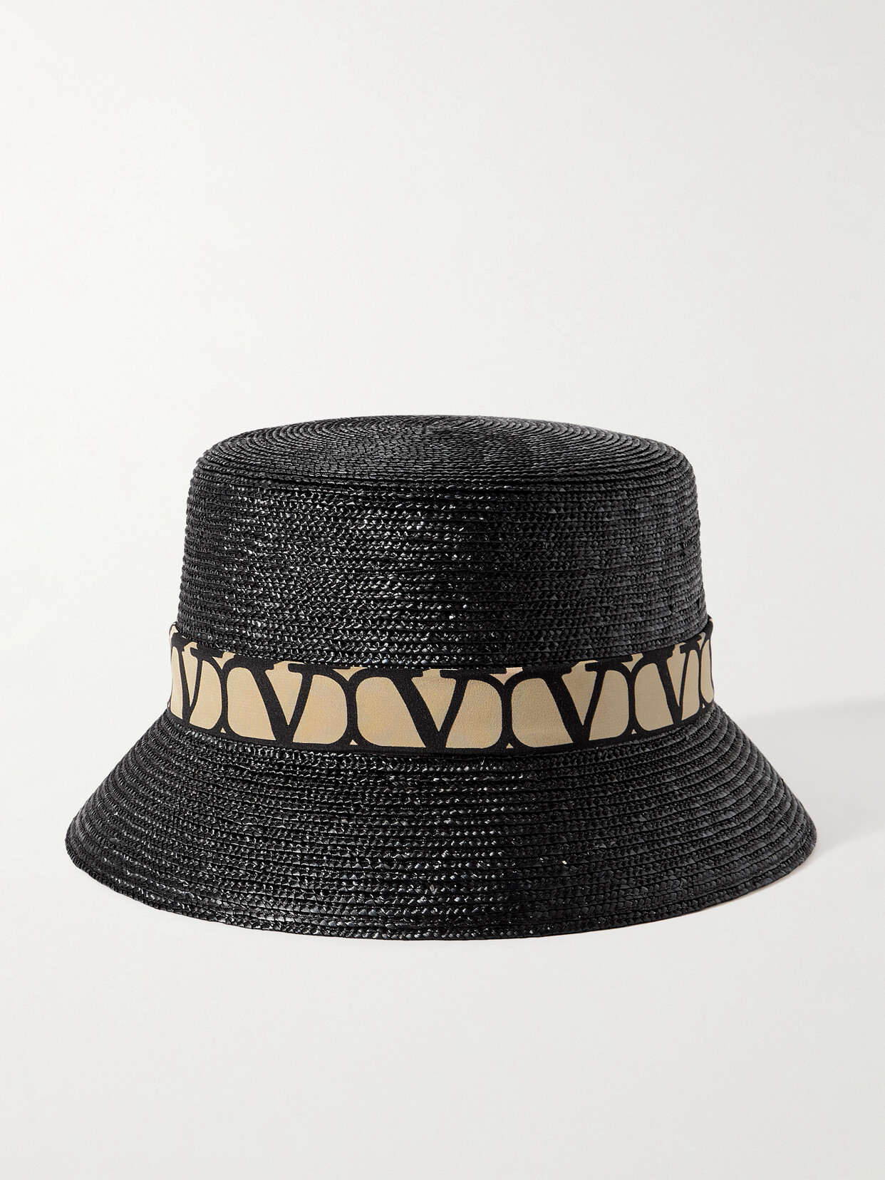 Valentino Garavani Printed Silk-trimmed Straw Bucket Hat - Black