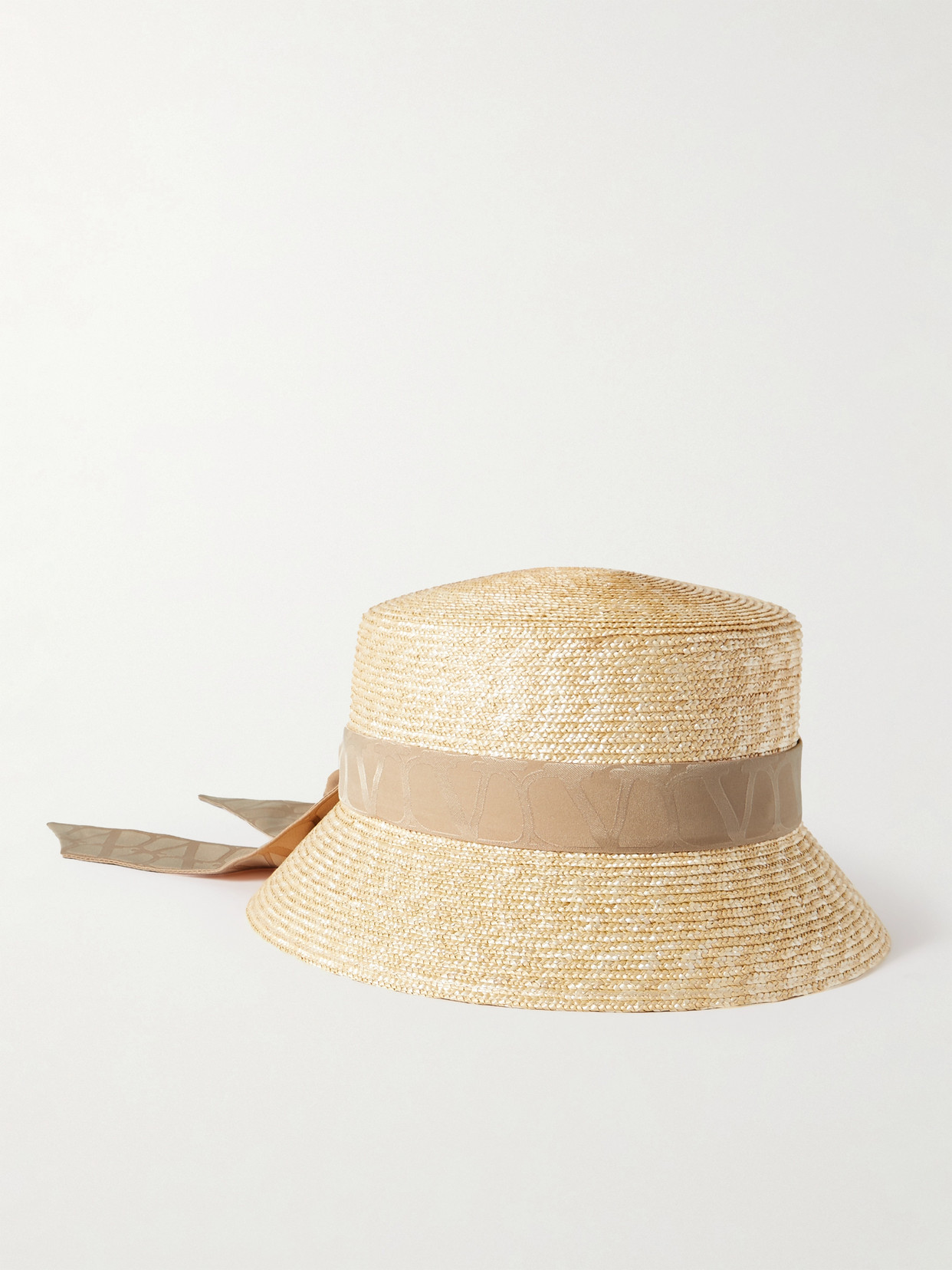 Valentino Garavani Silk Jacquard-trimmed Straw Bucket Hat In Neutrals