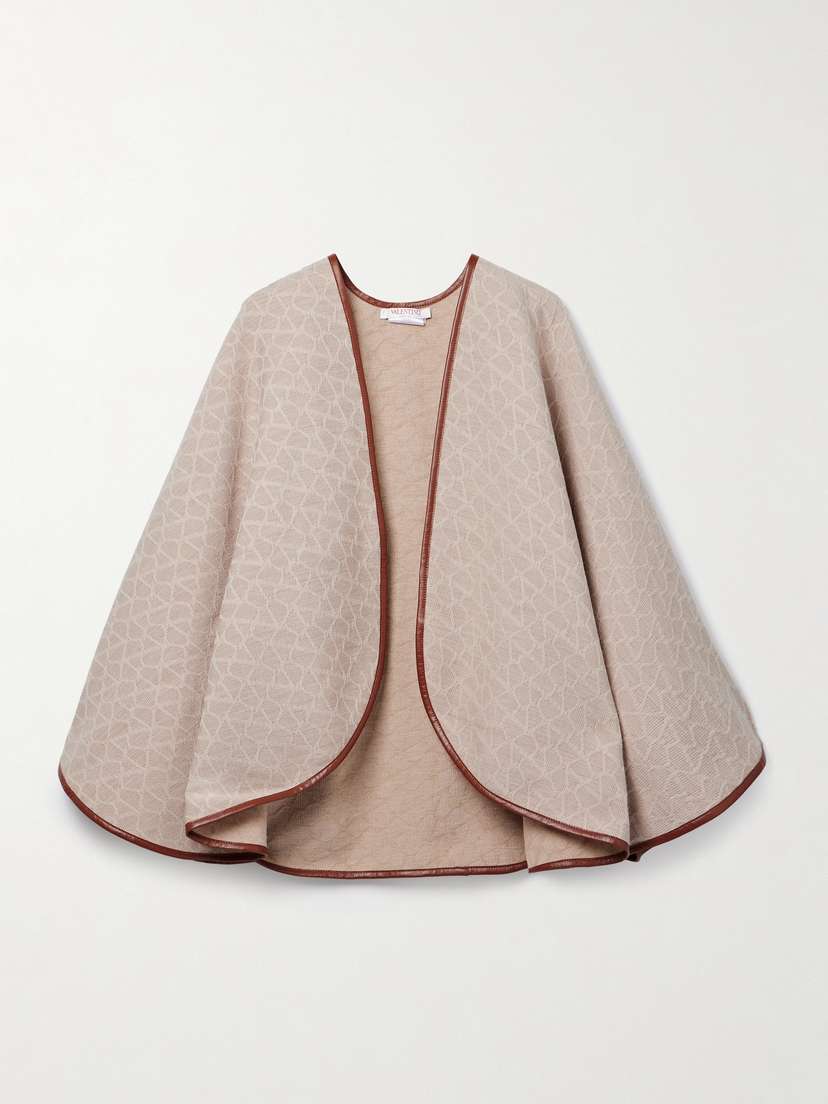 Valentino Garavani Toile Iconographe Leather-trimmed Jacquard-knit Wool Wrap