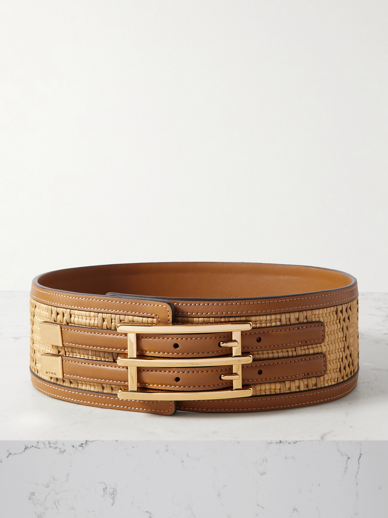 Etro Leather-trimmed Raffia Waist Belt In Brown