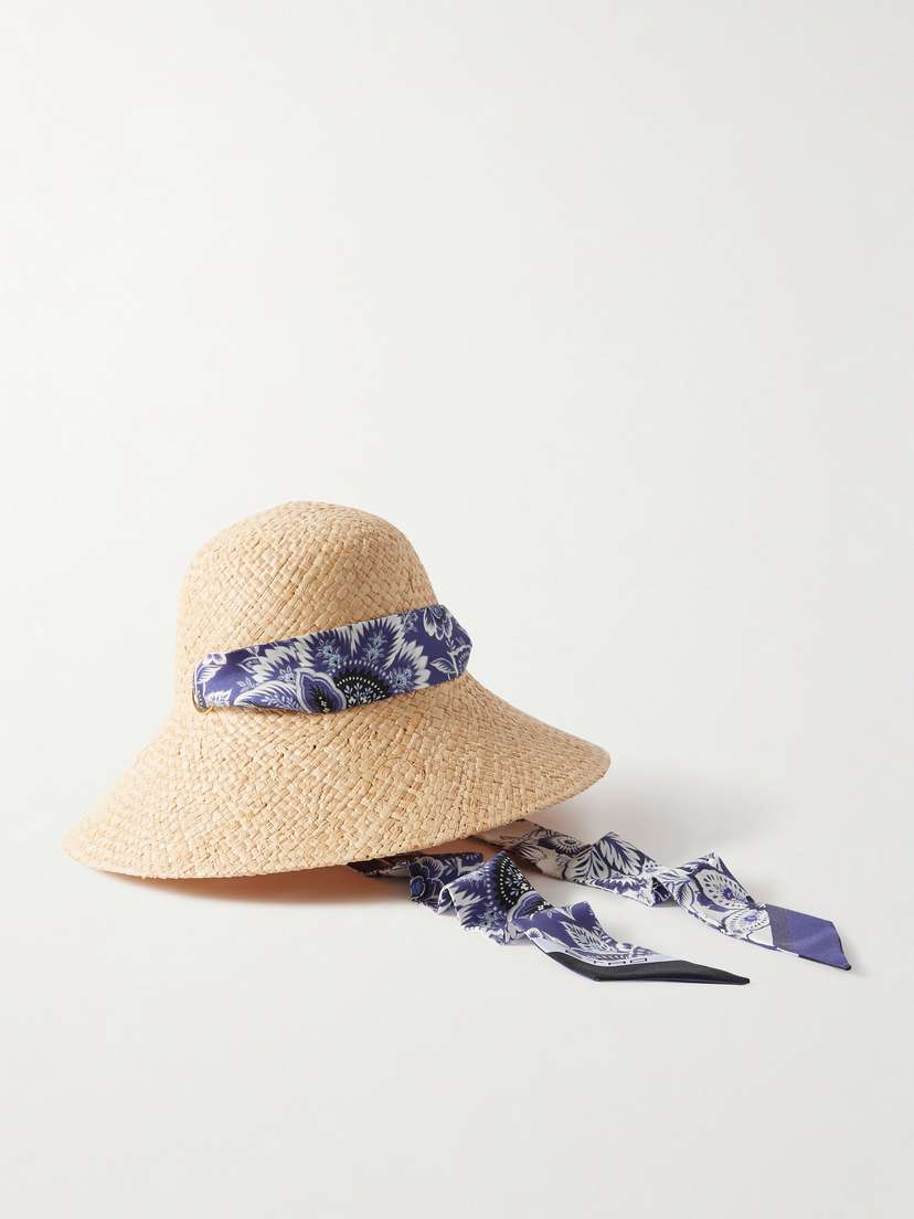 Etro Floral-print Silk-satin Trimmed Raffia Sunhat