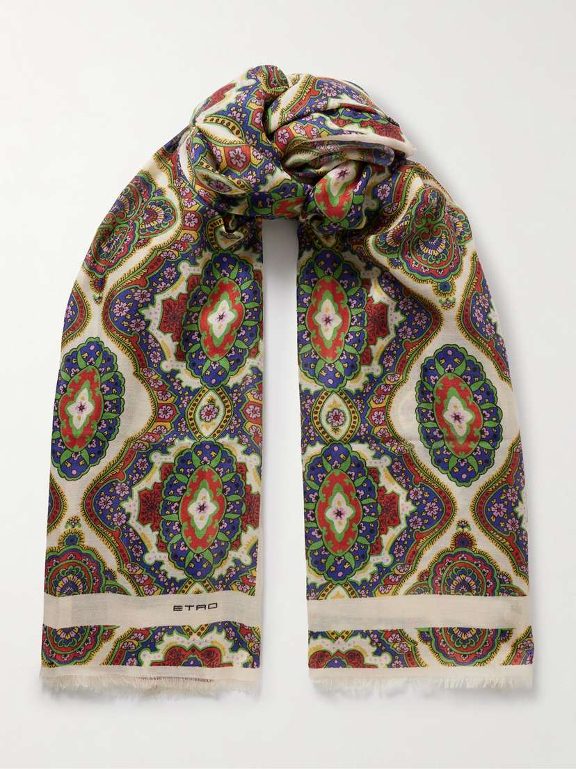 Etro Frayed Printed Cashmere, Silk, And Wool-blend Scarf