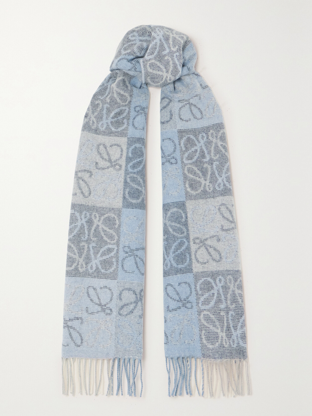 Loewe Fringed Intarsia Wool And Cashmere-blend Scarf In Blue