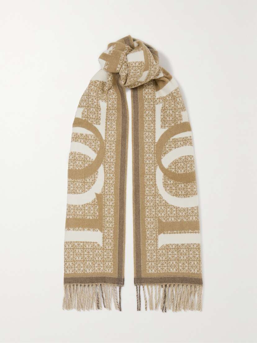 Loewe Love Fringed Wool And Cashmere-blend Jacquard Scarf