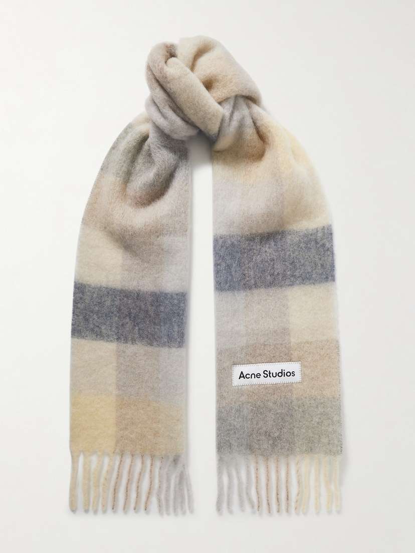 Acne Studios Appliquéd Fringed Checked Brushed-knit Scarf