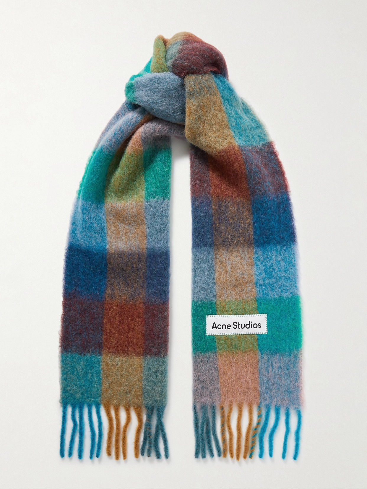 Shop Acne Studios Appliquéd Fringed Checked Brushed-knit Scarf In Blue